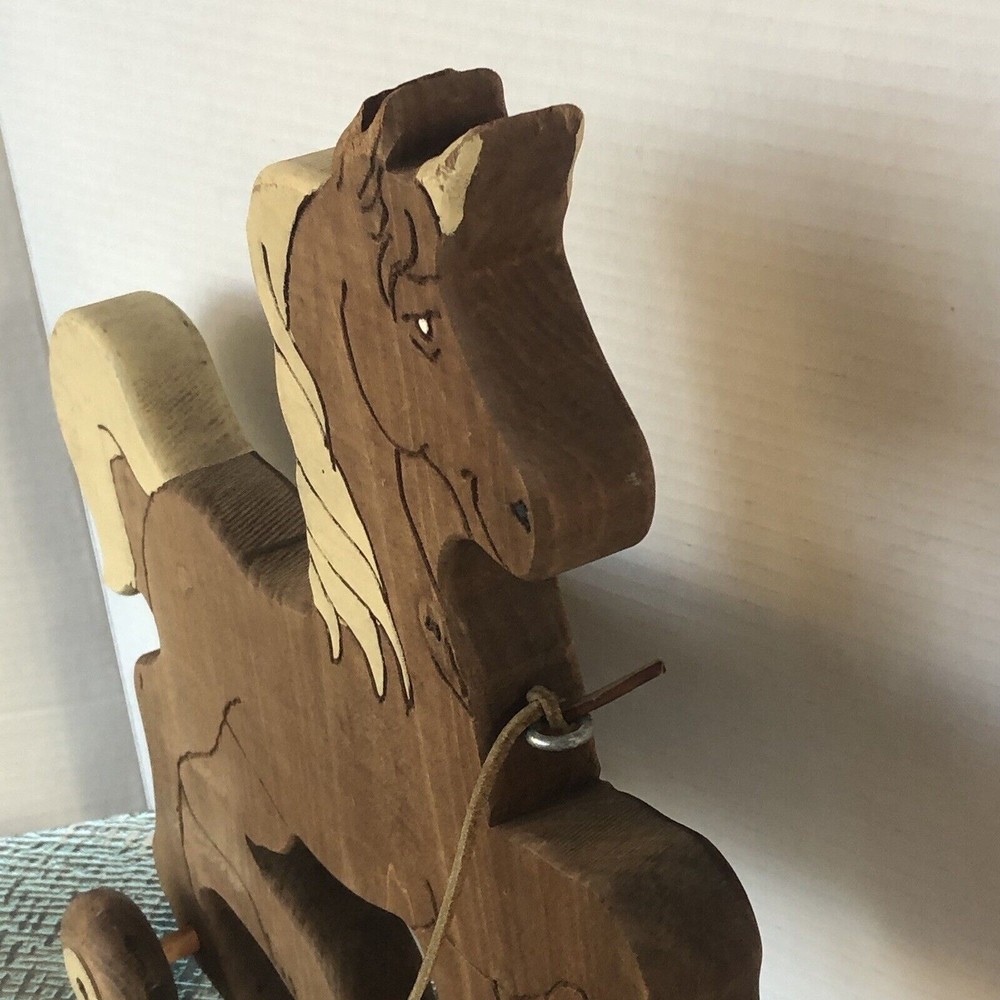 🚩 Vintage Wooden Hand Crafted Pull Along Horse 14x 16 Hand Painted Legs … - Picture 5 of 16